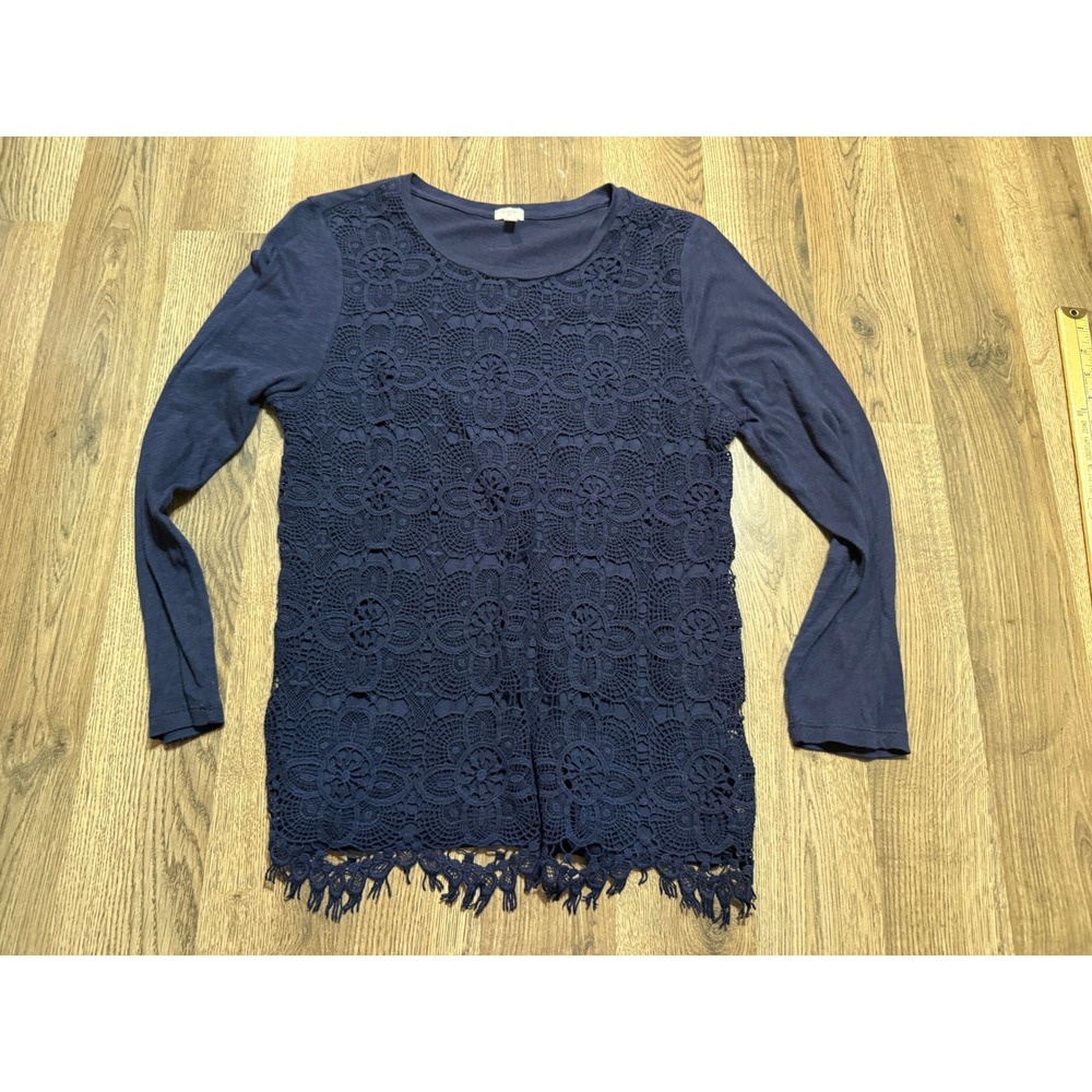 J.Crew Shirts Womens Size Medium Navy Blue Crochet Lace Front Long Sleeve